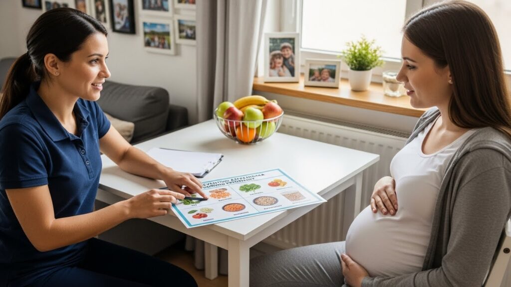 Agente comunitário de saúde conversando com uma gestante em sua casa, ilustrando a prevenção da anemia gestacional na atenção primária.