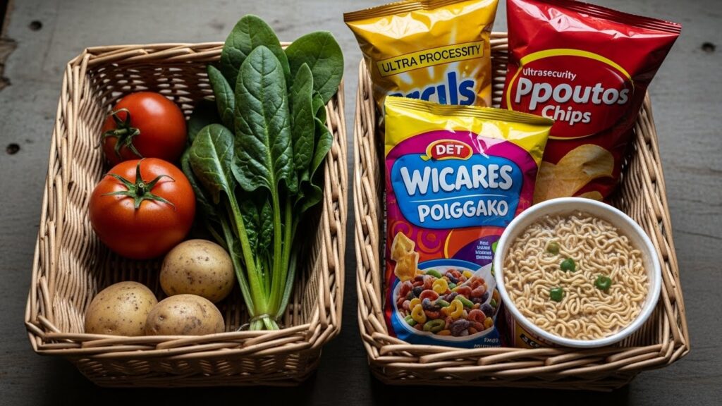 Cesta básica com poucos vegetais ao lado de alimentos ultraprocessados, simbolizando o desafio da insegurança alimentar na anemia gestacional.