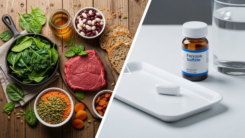 Comparação visual entre alimentos ricos em ferro e um comprimido de sulfato ferroso para ilustrar as opções de prevenção da anemia gestacional